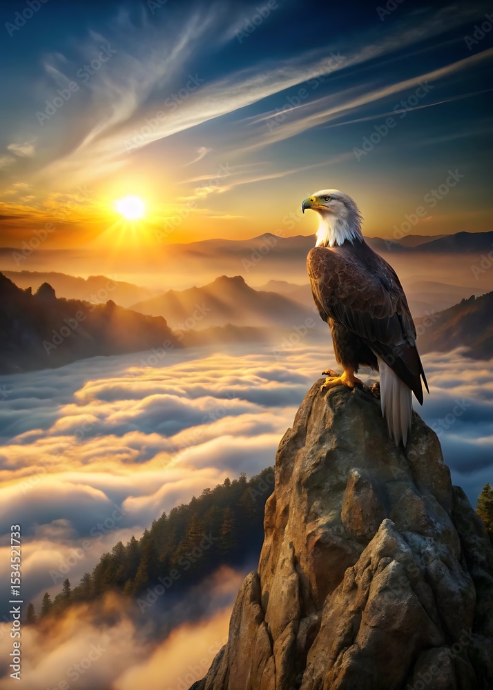 Fototapeta premium Bald Eagle Perched on Mountain Peak Overlooking Valley of Clouds at Sunset