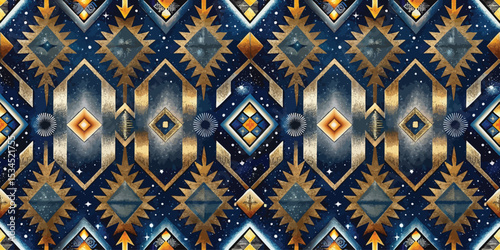 A vibrant geometric pattern featuring gold, blue, and black elements.