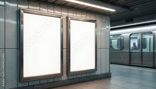 Fototapeta Naklejka Na Ścianę i Meble -  Blank movie posters mockups in urban subway environment. Subway car in background. Modern design template. Public transport, advertisement concept. White space for poster design. Subway station