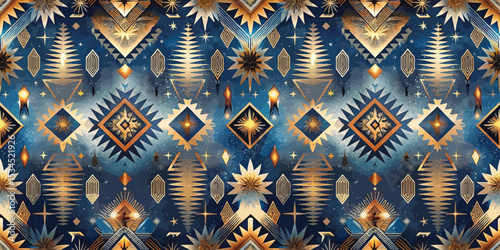 Elegant geometric pattern featuring blue, gold, and white on a dark background.