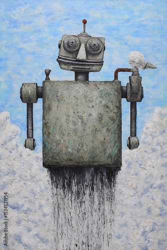 Rusty robot soaring through the clouds.