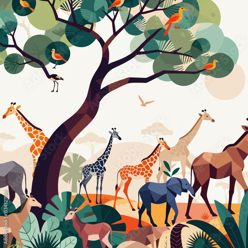 Colorful African Safari Scene-Giraffes Elephants and Birds under a Tree-Geometric Illustration of Wildlife in the Savanna-Nature Art Print for Home Decor