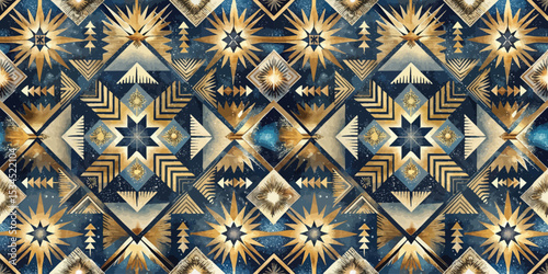 Geometric patterned design with gold and navy blue stars and trees.