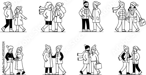 People in winter outwear walking flat vector illustrations set. Tiny people, romantic couples having fun, enjoying festive mood cartoon characters set. Kids and adults celebrating Christmas outdoors. 
