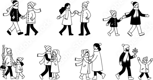 People in winter outwear walking flat vector illustrations set. Tiny people, romantic couples having fun, enjoying festive mood cartoon characters set. Kids and adults celebrating Christmas outdoors. 