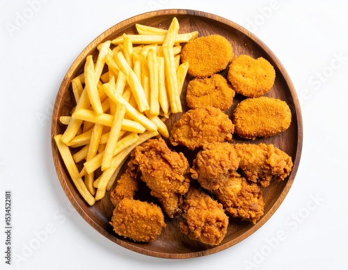 Top-down view of fried chicken, nuggets, and French fries served on a wooden plate, no greens added