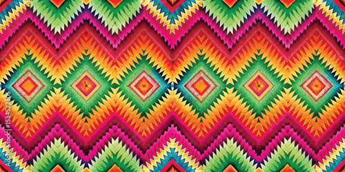 Vibrant geometric pattern with colorful zigzag and diamond shapes.