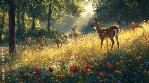 Sunlit meadow with deer herd grazing amidst wildflowers.