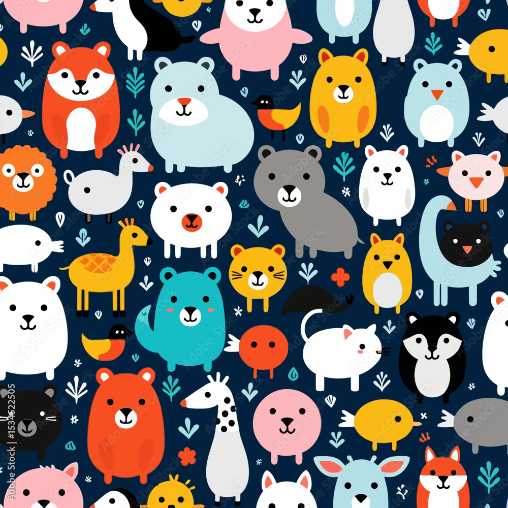 Fototapeta premium Cute Cartoon Animals Seamless Pattern for Kids- Whimsical Wildlife Illustration for Children's Decor- Playful Animal Characters on Dark Blue Background-Ideal for Nursery Art