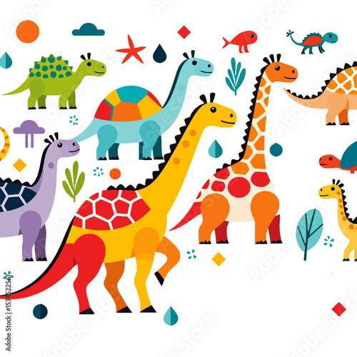 Cute Cartoon Dinosaurs and Turtles Illustration- Colorful Prehistoric Animals Graphic- Children's Illustration with Bright Colors- Vector Design for Kids