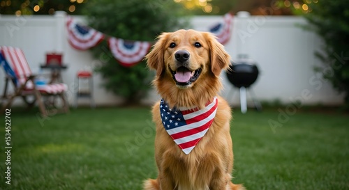 Patriotic Golden Retriever in Backyard for Independence Day