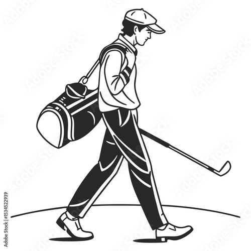 Black and White Illustration Golf Player Walking Carrying Bag Club golfer
