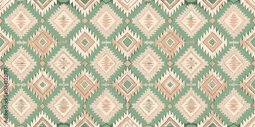 Geometric pattern in soft pastel colors featuring diamond shapes and foliage.