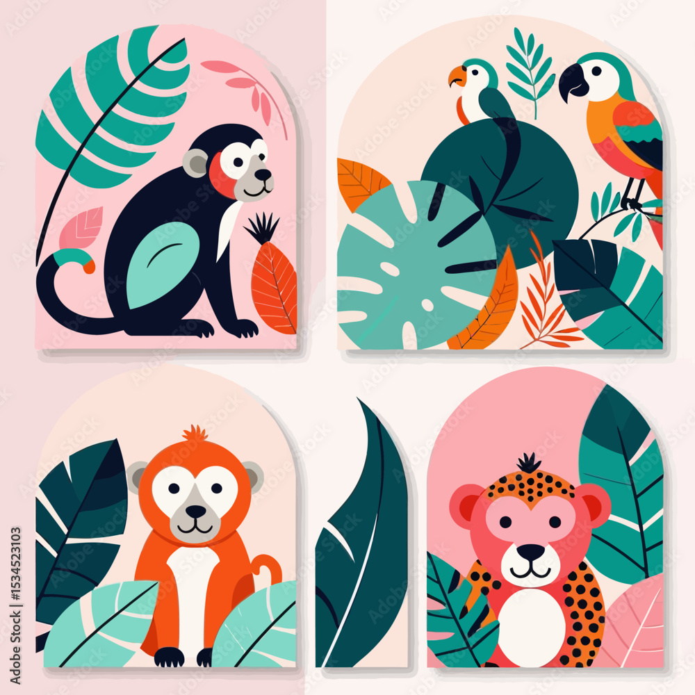 Obraz premium Cute Jungle Animal Art Prints-Colorful Monkeys Parrots and Tropical Leaves-Modern Kids Room Decor-Playful Animal Illustrations for Nursery Walls