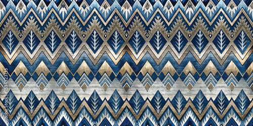 Geometric patterned fabric in blue and gold featuring leaves and peaks