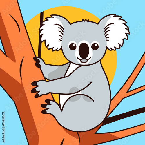Cute Koala Cartoon Illustration - Adorable Koala Bear on a Tree Branch - Playful Koala Character Design for Kids-Children illustration-Wild Animal Graphic-Australian Native Animal Art