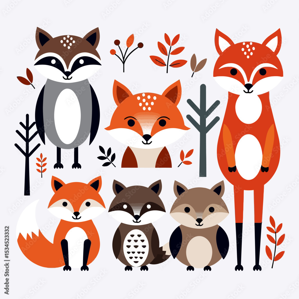 Fototapeta premium Cute Woodland Animals Illustration Featuring Foxes and a Raccoon- Whimsical Forest Creature Art for Kids- Modern Scandinavian Style Animal Design