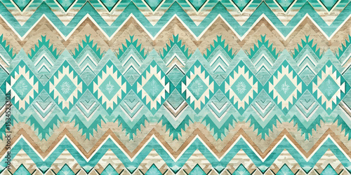 Abstract turquoise patterned design with geometric shapes and earthy tones.