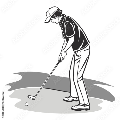 Golf Player Putting Golf Ball on Green Monochrome Illustration Black and White Sports Graphic Design