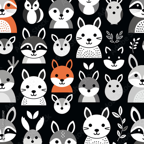 Cute Woodland Animals Pattern- Seamless Forest Creature Design- Ideal for Kids Decor and Textiles- Featuring Foxes Rabbits and Raccoons on Black Background