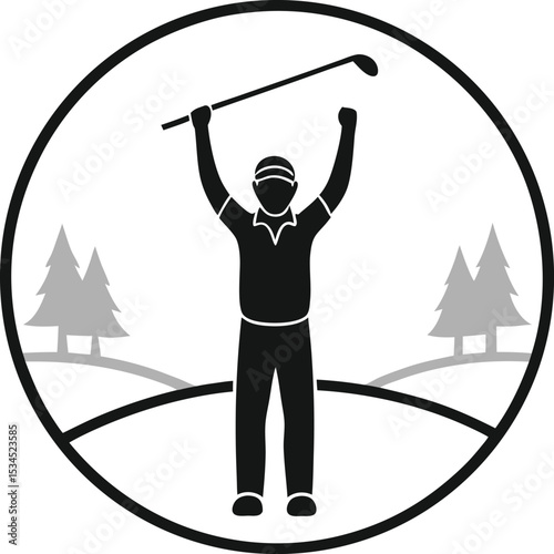 Golf Player Silhouette Celebrating Victory on Course Black and White Icon Graphic