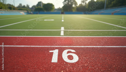 Red synthetic running track with number sixteen. Green field outdoors stadium. Sports ground with white lane markings for race, exercise. Competition, activity, athletic training, healthy lifestyle.