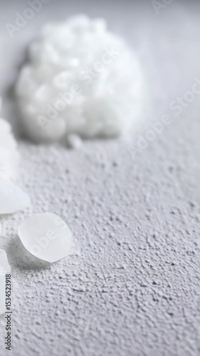 Close-up view of scattered white bath salt crystals on a textured neutral surface, providing a clean and minimalistic aesthetic.