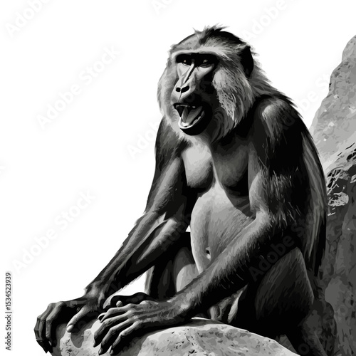 Grayscale Monkey Portrait-Powerful Primate Displaying Emotion-Wildlife Photography of a Lion Tailed Macaque-Majestic Monkey on Rock-Animal Kingdom Image-Detailed Facial Features