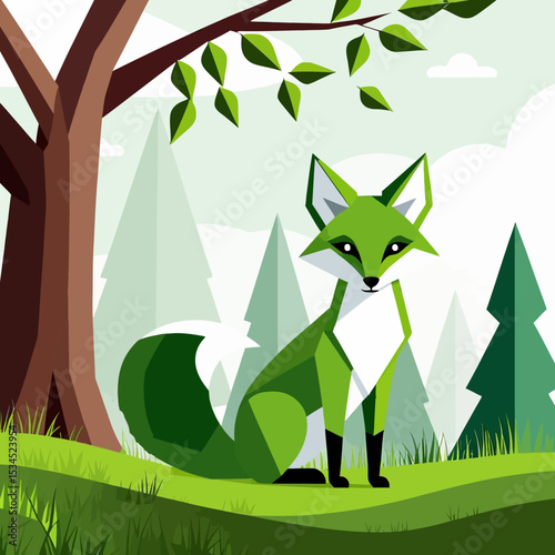 Green Fox in Forest Illustration-Geometric Animal Art Print-Modern Woodland Decor-Nature Inspired Design-Unique Fox Artwork-Stylish Wildlife Graphics