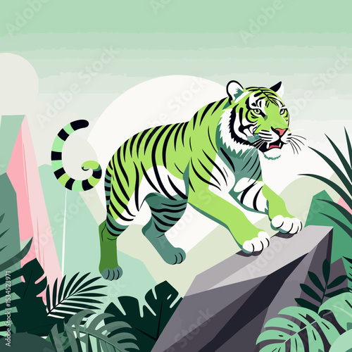 Green Tiger Illustration-Jungle Scene-Modern Art Print-Striking Feline Design-Animal Artwork-Unique Wall Decor-Contemporary Tiger Image-Wildlife Art-Tropical Vibes