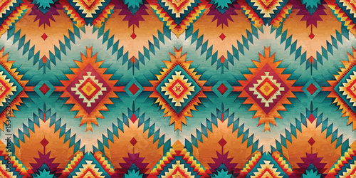 Colorful geometric pattern featuring vibrant reds, greens, and oranges.