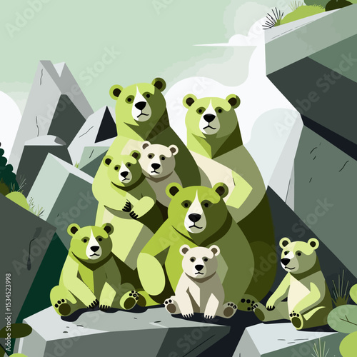 Illustration of a Bear Family in Nature - Cute Cartoon Bears on Rocky Terrain - Green and White Bear Cubs with Parents - Adorable Animal Art