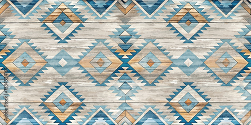 Geometric tribal pattern in soft blues and earthy tones, perfect for home decor.