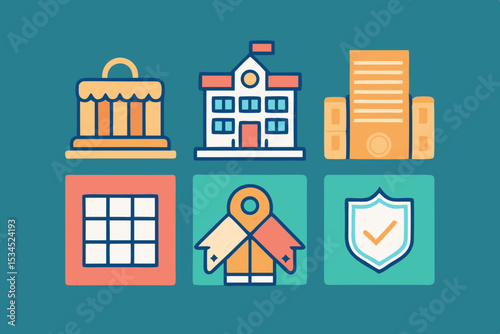 school building icon set