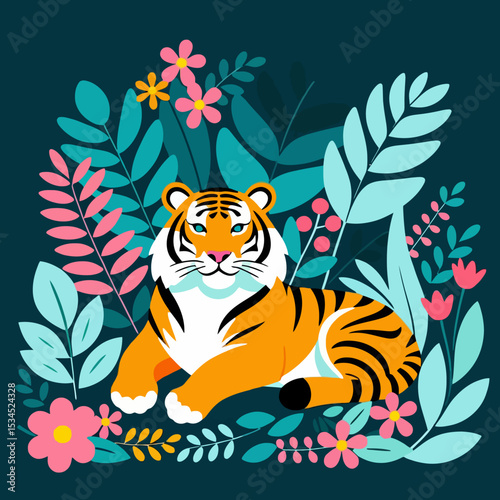 Tiger Illustration with Floral Background-Cute Tiger Art for Kids-Animal Illustration with Flowers and Leaves-Striking Tiger Design for Nature Lovers