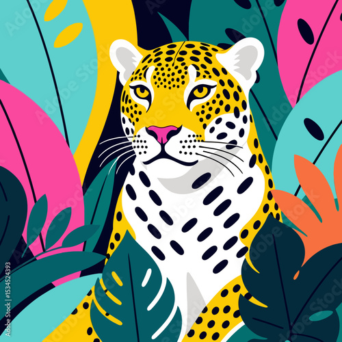 Vibrant Jungle Cat Illustration - Colorful Leopard Art Print - Modern Wildlife Decor - Tropical Leaves and Bold Colors - Unique Animal Graphic Design - Perfect for Home or Office