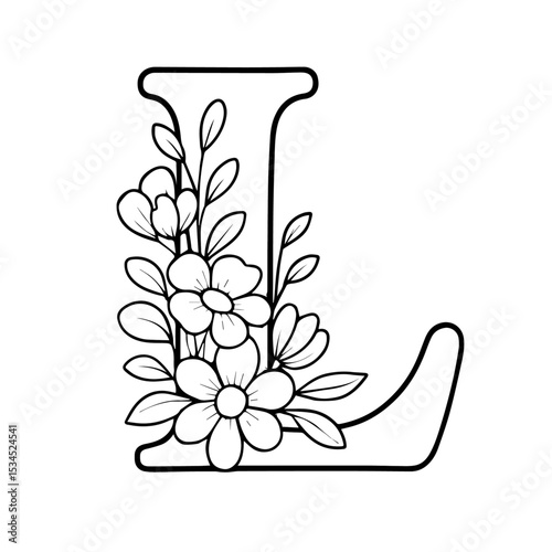 Floral Alphabet Letter 'L' Line Art - Elegant Monogram with Spring Flowers (Coloring Book Style)