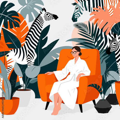 Woman Relaxing in Orange Chair Surrounded by Zebra Illustration-Tropical Leaves and Plants-Stylish Relaxation Scene-Artistic Illustration