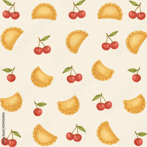 Watercolor seamless pattern with cherry dumplings and fresh cherries on transparent background