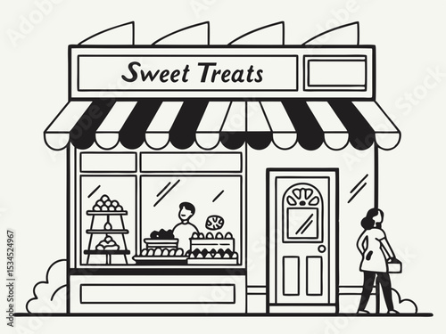 Sweet treats shop exterior line art illustration