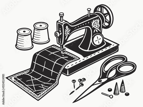 Vintage sewing machine with fabric and supplies