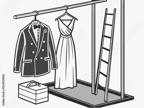 Wedding attire hanging on garment rack with ladder