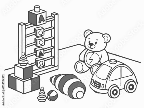 Black and white illustration of childrens toys