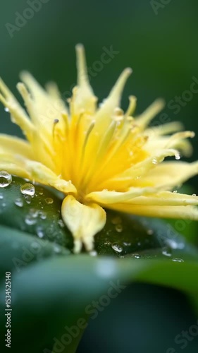 close up of bright yellow raindrop flower opening in time lapse mode against green natural background