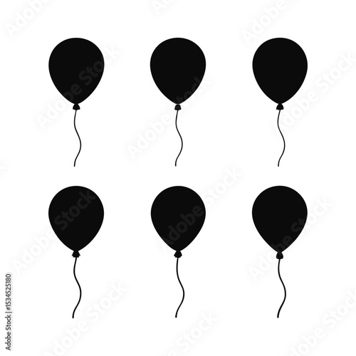 Six simple black balloon silhouettes on white