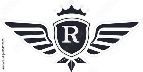 Logo with royal crown and shield featuring letter R and wings vector illustration.
