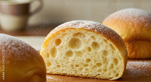 Fresh Baked Bread Rolls with Powdered Sugar Close-up | Delicious Brioche Buns for Food Photography, Baking Recipes, and Bakery Advertising