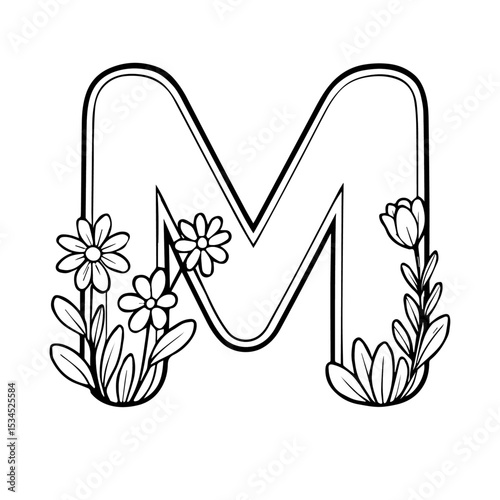 Floral Alphabet Letter 'M' Line Art - Elegant Monogram with Spring Flowers (Coloring Book Style)