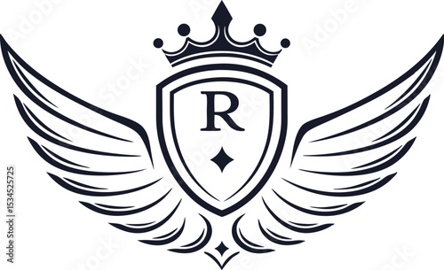 Logo with royal crown and shield featuring letter R and wings vector illustration.