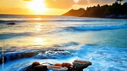 Idyllic tropical ocean scene at sunset with colorful coral reefs, crashing waves and lush vegetation on the horizon, nature scenery